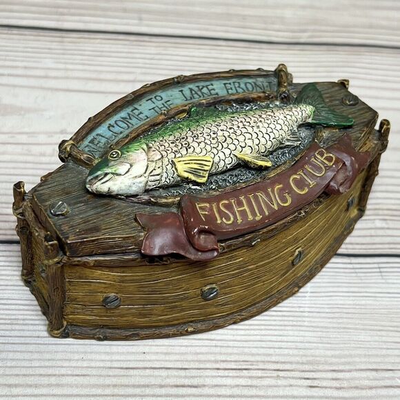 Vintage Trinket Box Welcome to Lake Front Fishing Club Accessory Container Wood - Picture 12 of 15